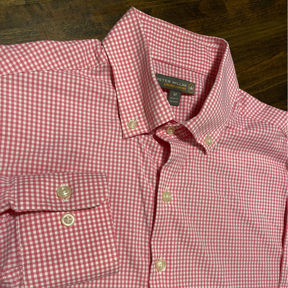 Peter Millar Summer Comfort Shirt Mens Medium Check Performance Stretch Pink